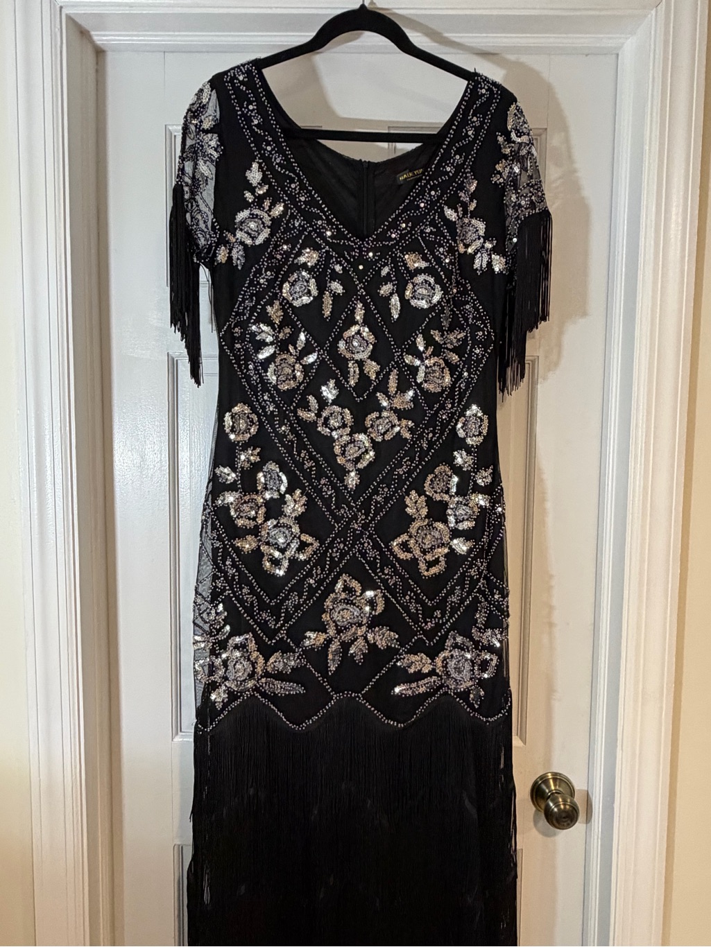 Vintage-Inspired Black Beaded Fringe Maxi Dress — image 3 of 8